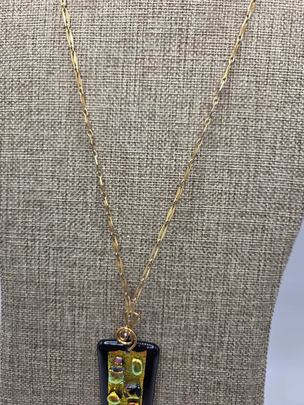 1600. Gold Tone and Black Fused Dichroic Glass Pendant Necklace